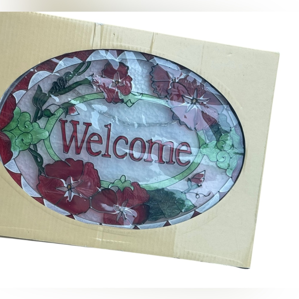 Stained Glass Suncatcher  oval WELCIME sign flower morning glory  NEW